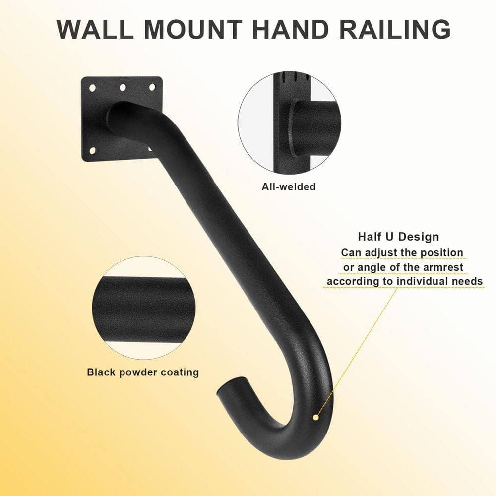 Unbranded 1.16 ft. 2-Piece Black Metal Handrail Wall Mounted Stair Railing for 1-3 Steps Indoor Outdoor Safety U-Shaped Grip (3)