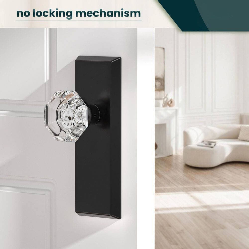 Senyhardware Vintage Matte Black Interior Dummy Door Knob 2 Pack with Diamond-Cut Crystal Knob and Beveled Rectangular Backplate (2)