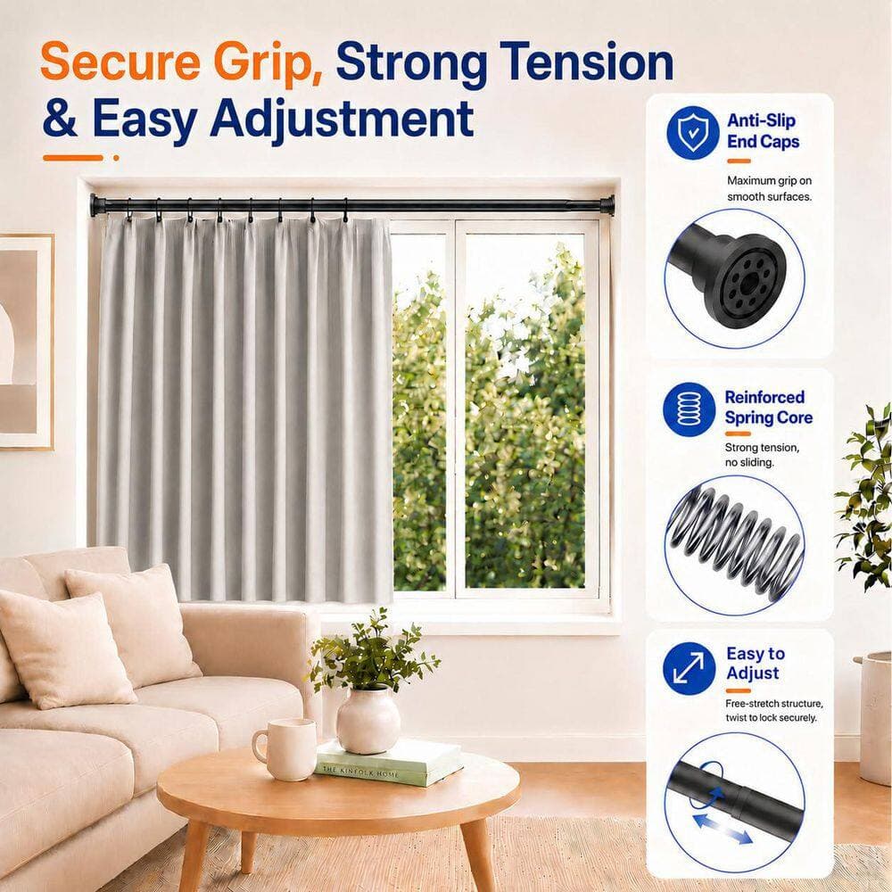 KHKFY Heavy Duty Adjustable Tension Shower Curtain Rod, 42 to 83 in. Non-Slip Spring Pole for Bathroom and Closet, Black (2)