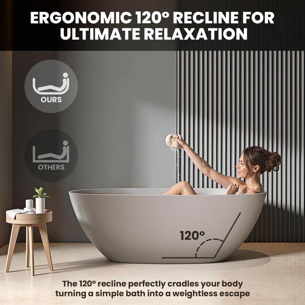 INSTER Modern Solid Surface Series 57 in. x 30.7 in. Soaking Bathtub with Center Drain (2)