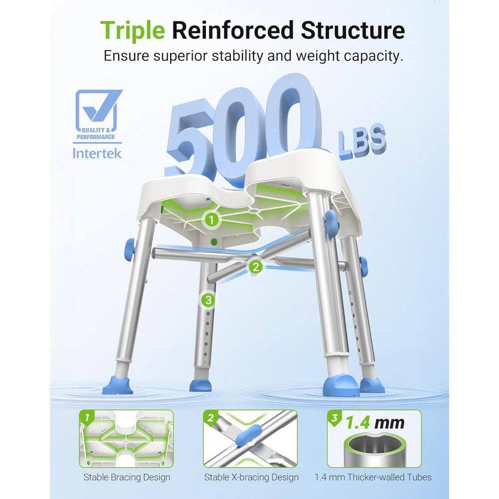 Adrinfly Aluminum Heavy Duty & Adjustable H-Shaped Shower Chair for Elderly and Disabled with EVA Pad, Non-Slip, in White Blue (3)