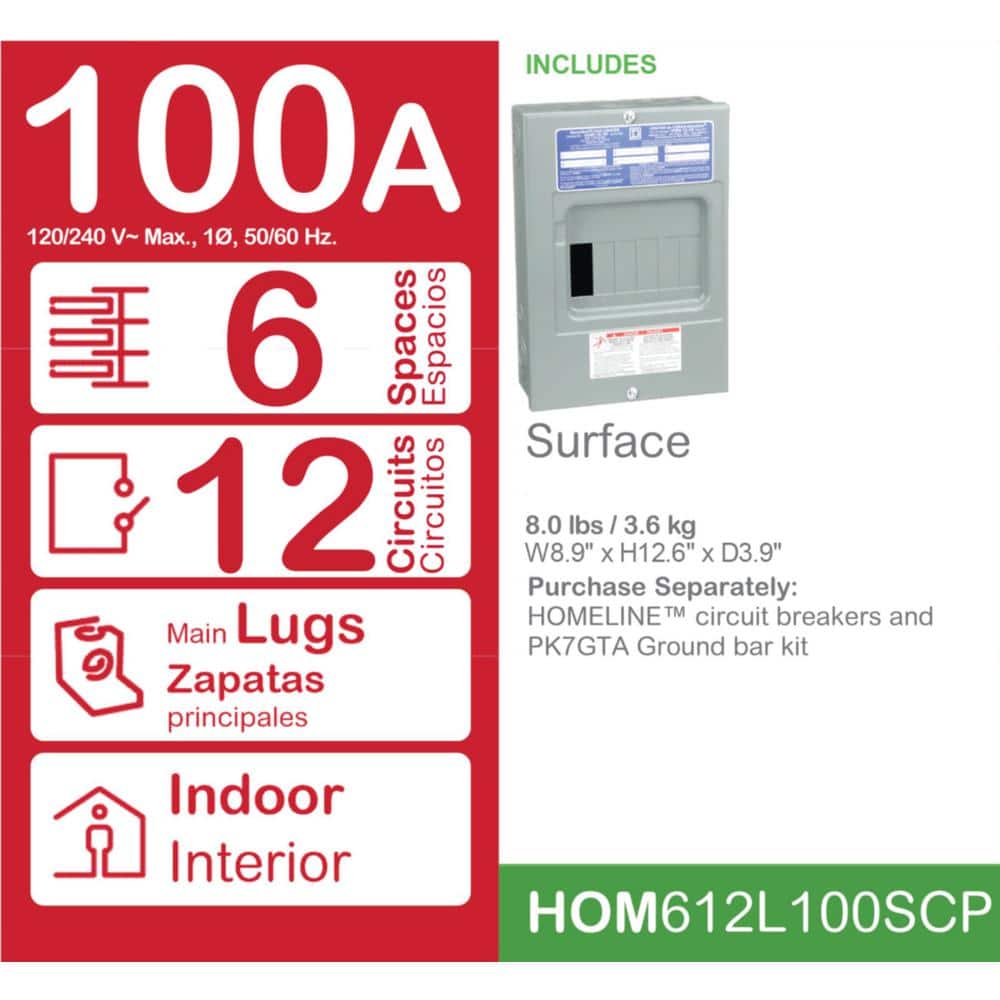 Square D Homeline 100 Amp 6-Space 12-Circuit Indoor Surface Mount Main Lug Load Center with Cover (3)