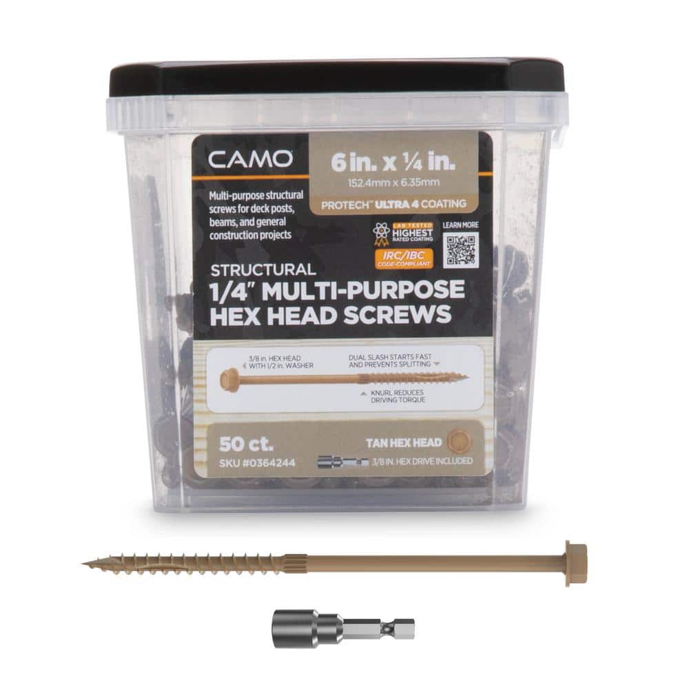CAMO 1/4 in. x 6 in. Hex Head Multi-Purpose Hex Drive Structural Wood Screw - PROTECH Ultra 4 Exterior Coated (50-Pack)