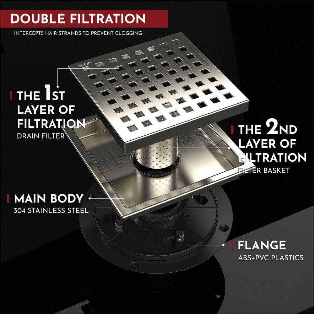 Helhom Brushed Nickel 6 in. Square Food-Grade SUS 304-Stainless Steel Shower Floor Drain with Flange (3)