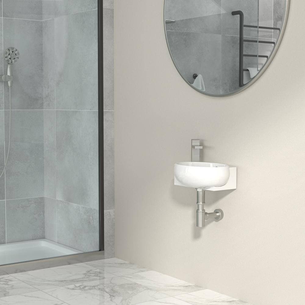 Kichae 16.5 x 11 Inch Round White Ceramic Wall Mounted Bathroom Sink with Pre-Drilled Overflow and Left Side Single Faucet Hole (2)