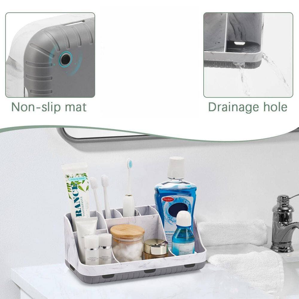 Wudkey Marble Grey Plastic Bathroom Countertop Organizer, Detachable 7 Slots Toothbrush and Toothpaste Holde Drainage (3)