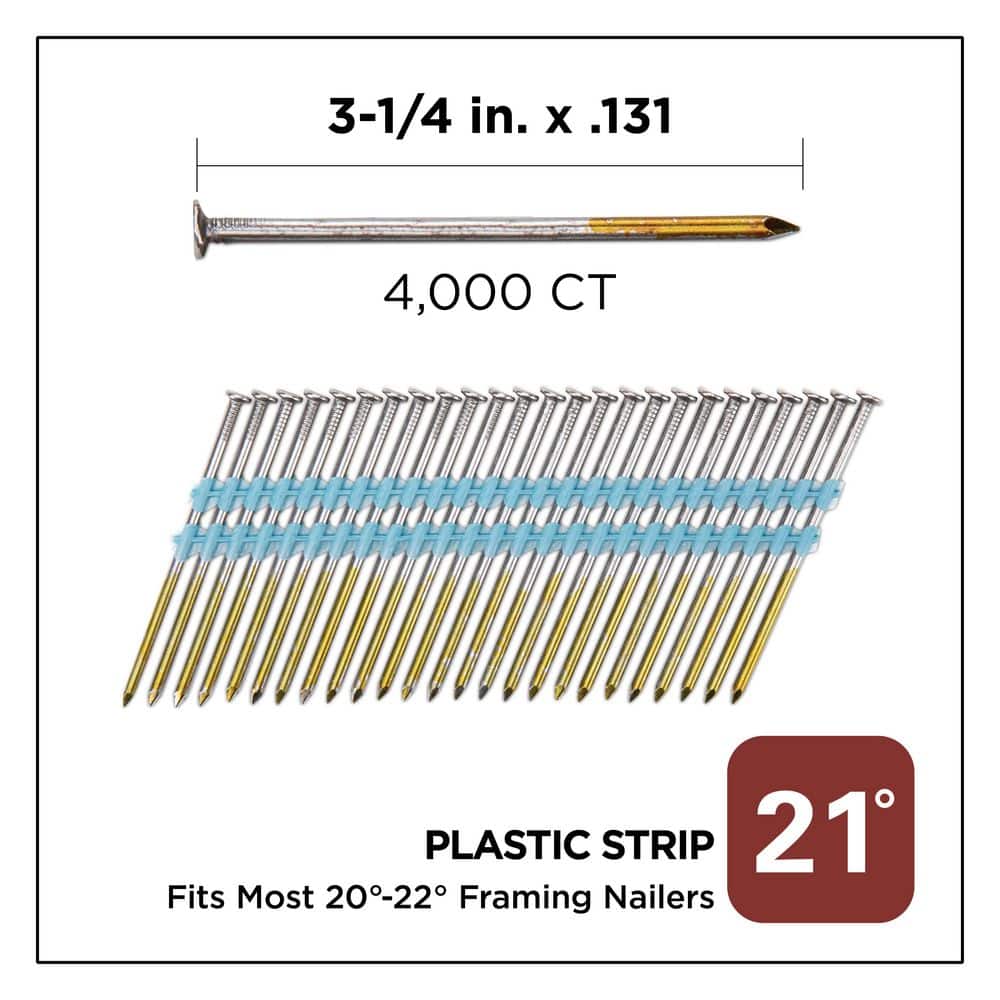 PRO-FIT 3-1/4 in. x 0.131-Gauge 21° Bright Finish Smooth Shank Plastic Strip Framing Nails (4000 per Box) (2)
