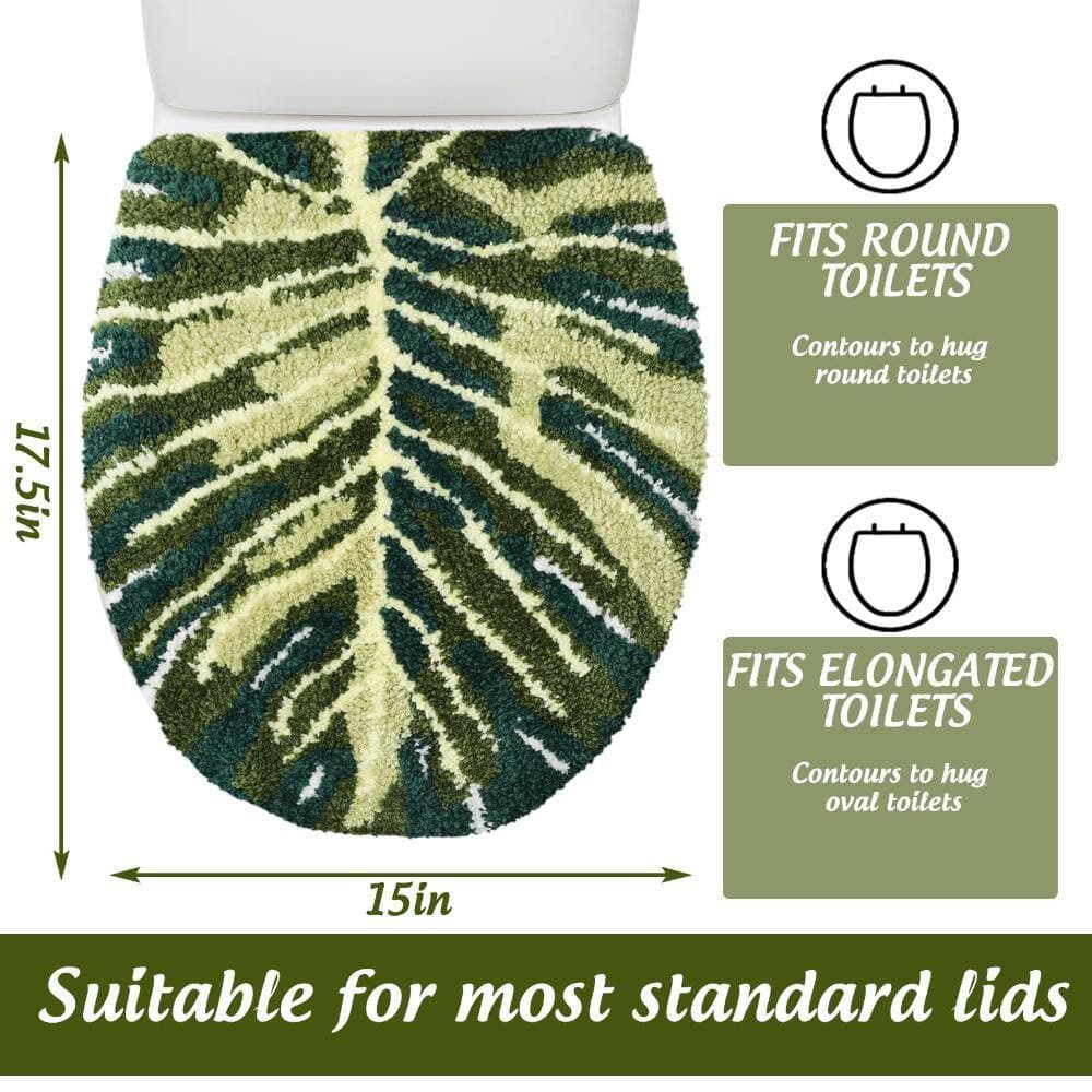 Unbranded Green Palm Leaf Monstera Toilet Lid Cover 14.9 x 16.5 in. Tropical Plush Flocking Universal Rubber Seat (2)