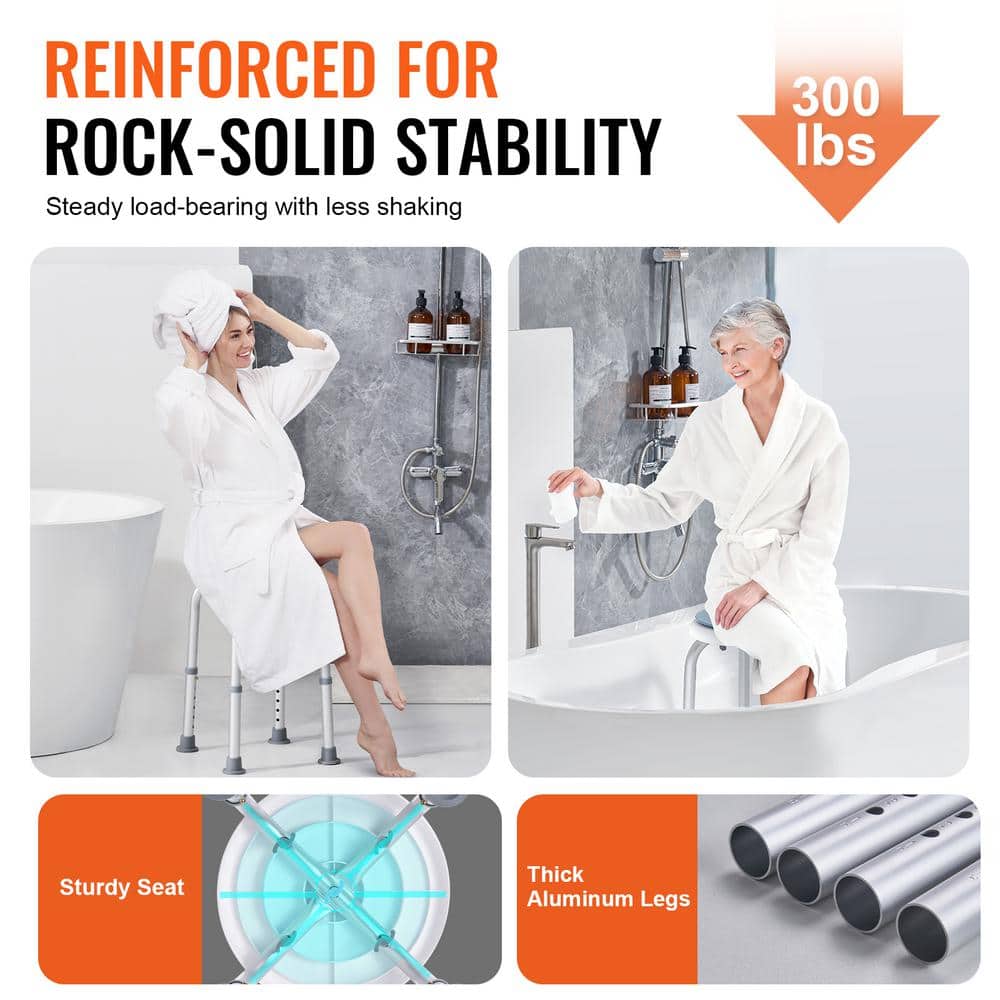 VEVOR Shower Chair 360-Degree Swivel Adjustable Height Non-Slip for Elderly Adults 300 lbs. 12.6 in. W White 2025 update (3)