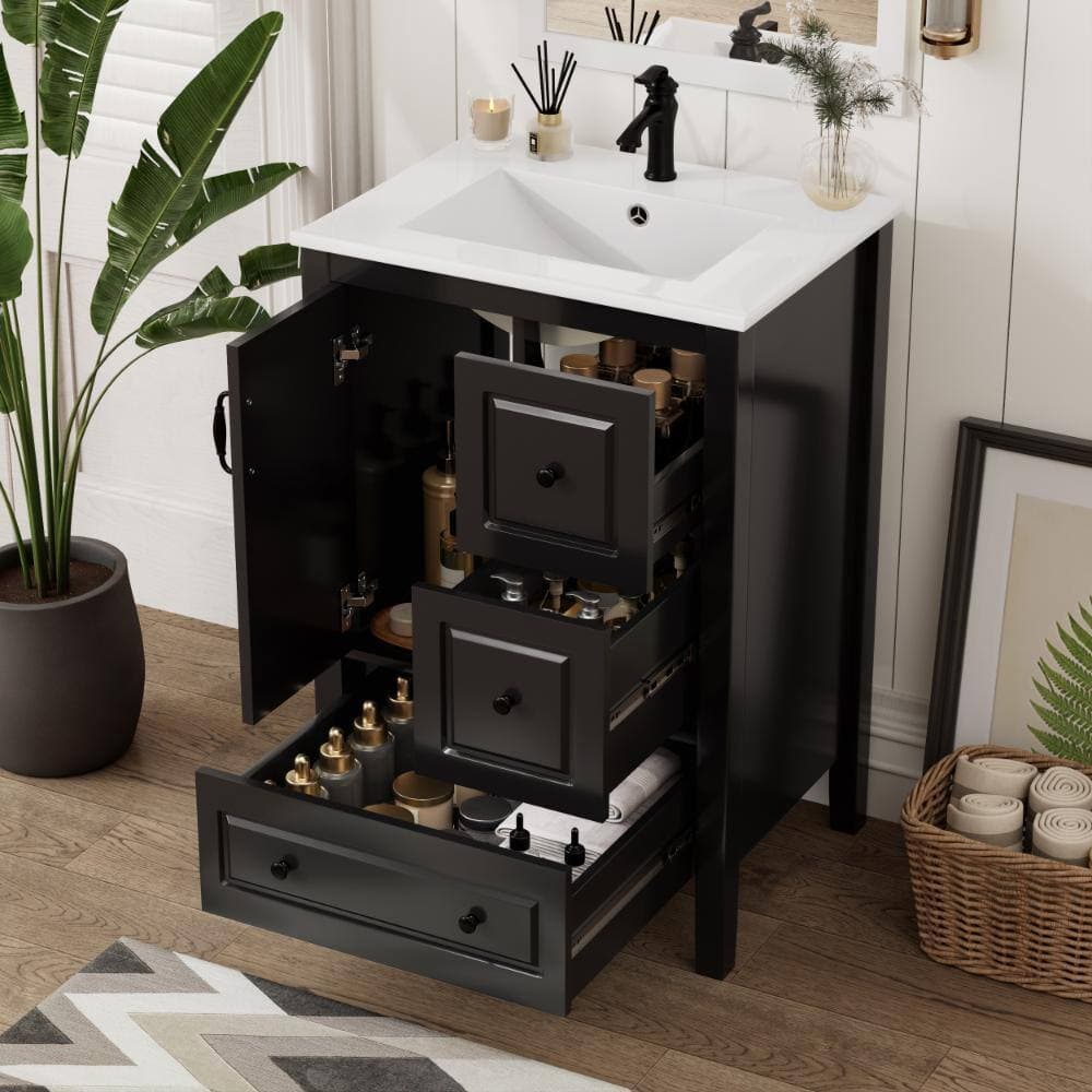 Flynama 24" Black Bath Vanity Sink,Soft Close Door+3 Drawers,Retro Metal Pull Handles (2)