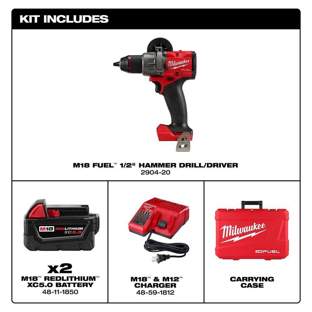 Milwaukee M18 FUEL 18V 1/2 in. Hammer Drill Kit w/ (3) 5. 0Ah Batteries, Hard Case with 5-Pc Carabiner Hex Holder (3)