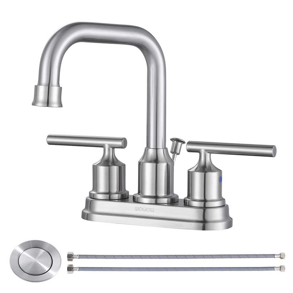 WOWOW 4 in. Centerset Double Handle High Arc Bathroom Faucet with Drain Kit Included in Brushed Nickel (1)
