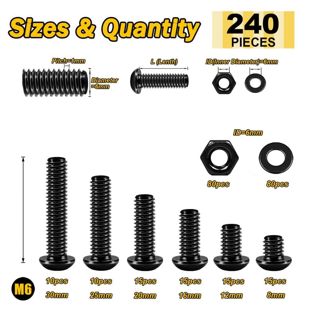 MYWISH Grade 10.9 Carbon Steel M6 Button Head Socket Cap Hex Spanner Drive Assorted Screws Bolts and Nuts Kit (240-Pack) (2)