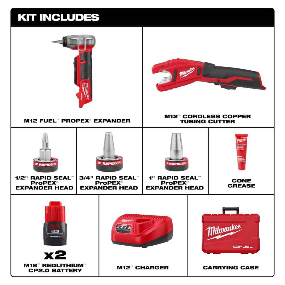 Milwaukee M12 FUEL RAPID SEAL ProPEX Expander Heads With 1/2 in.-1 in. ProPEX Expansion Tool With M12 Copper Tubing Cutter (2)