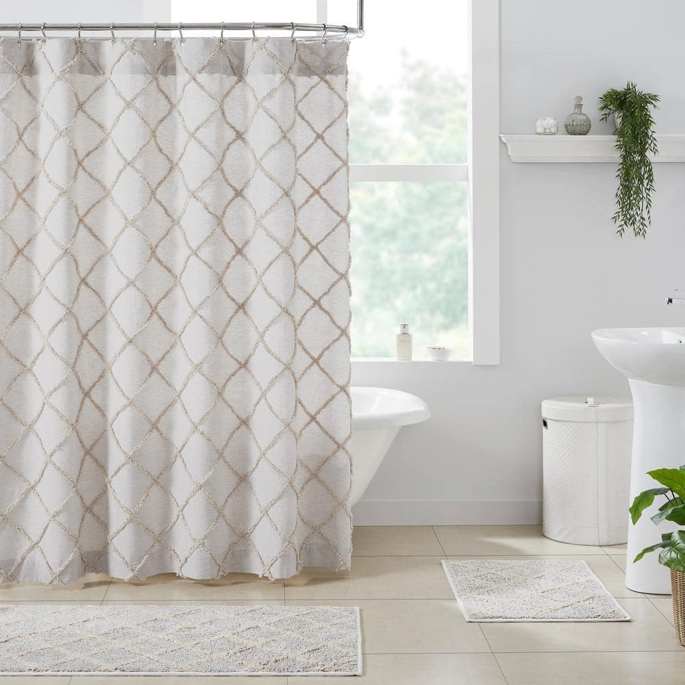 VHC BRANDS Frayed Lattice 72 in. Oatmeal Shower Curtain (2)
