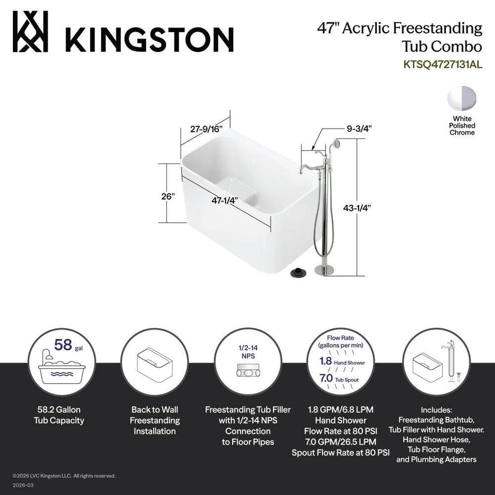Kingston Brass Aqua Eden 47.3 in. x 27.6 in. Acrylic Flatbottom Soaking Freestanding Bathtub in Glossy White/Polished Chrome (2)