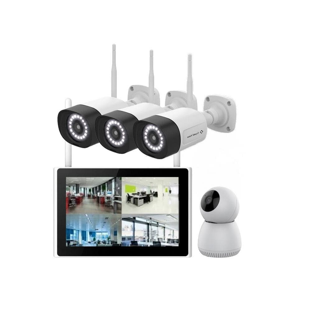 Crystal Vision 10-Ch WiFi6 NVR w/10.1 Monitor & 1x Indoor Pantilt, 3x Super Bright 18-LED Floodlight, 2Way Audio, Exclusive Panic Siren