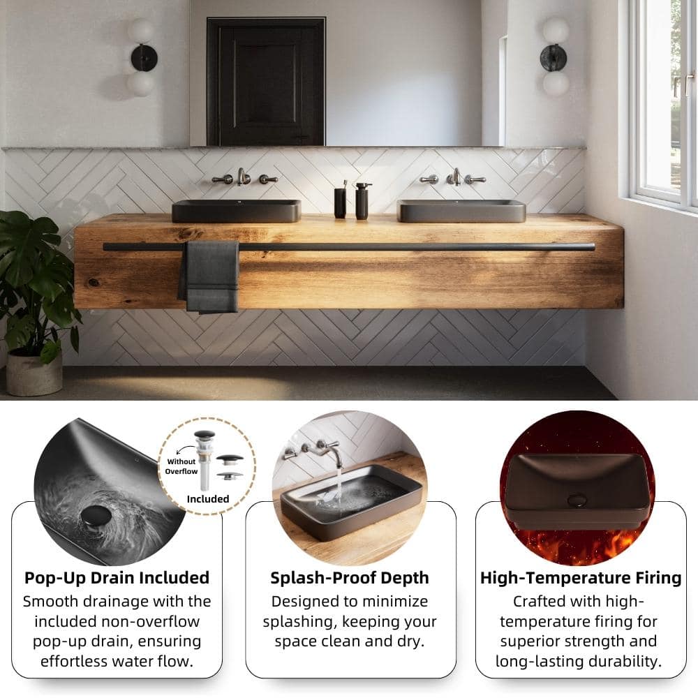 Los Flexi 19 in. Drop-In Bathroom Sink Rectangle in Matte Black, Semi-Recessed Ceramic Vessel Sink, Sink Drain Kit Included (3)