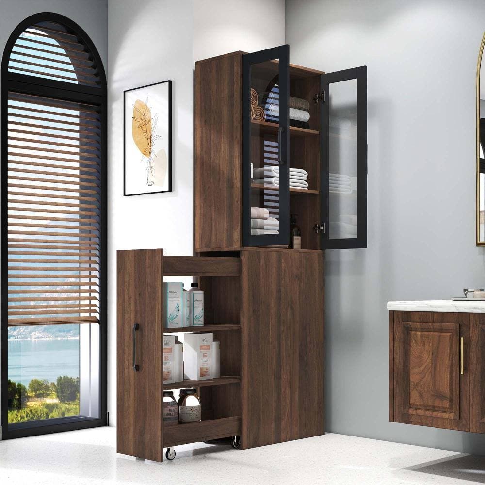 XUJMK 24 in W x 12 in D x 71 in H Linen Cabinet, Display Storage Cabinet with 4 Tier Pull-Out Multi-Tier Shelf 2 Doors, Walnut (3)