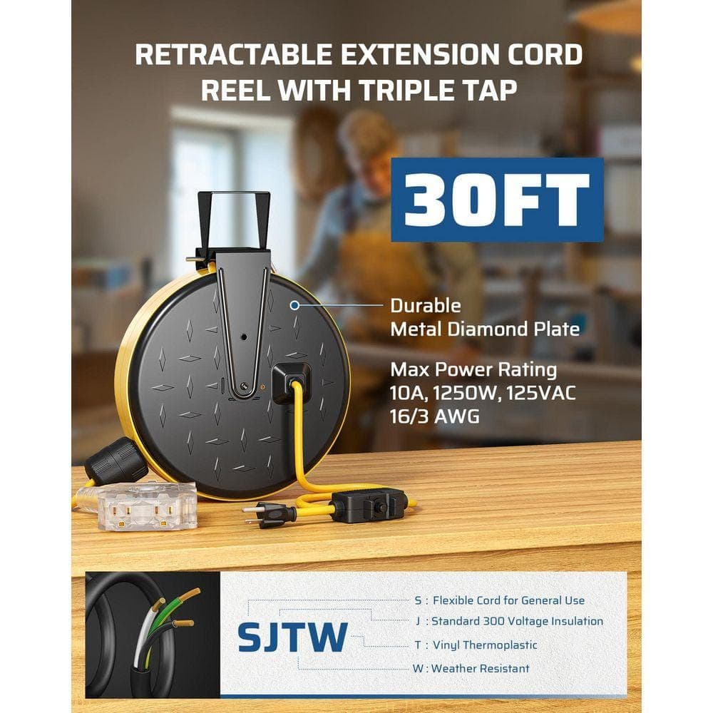 DEWENWILS 30 ft. 16 / 3 SJTW 10 Amp Retractable Extension Cord Reel with 6 Electrical Outlets for Workshop, Yellow (2)