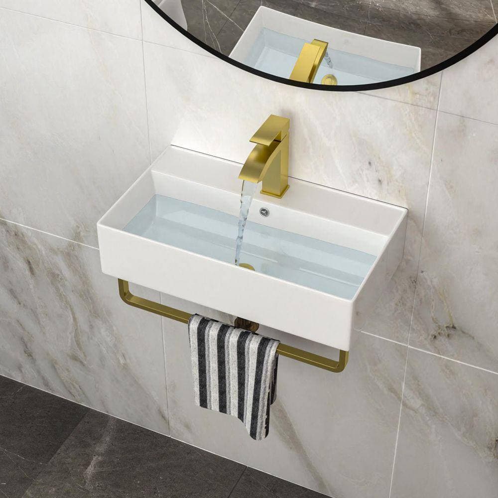 YSQCAR 21 in Rectangular Ceramic Wall-Mounted Rectangular Bathroom Sink in Gold, with Gold Towel Bar and Gold Faucet (3)