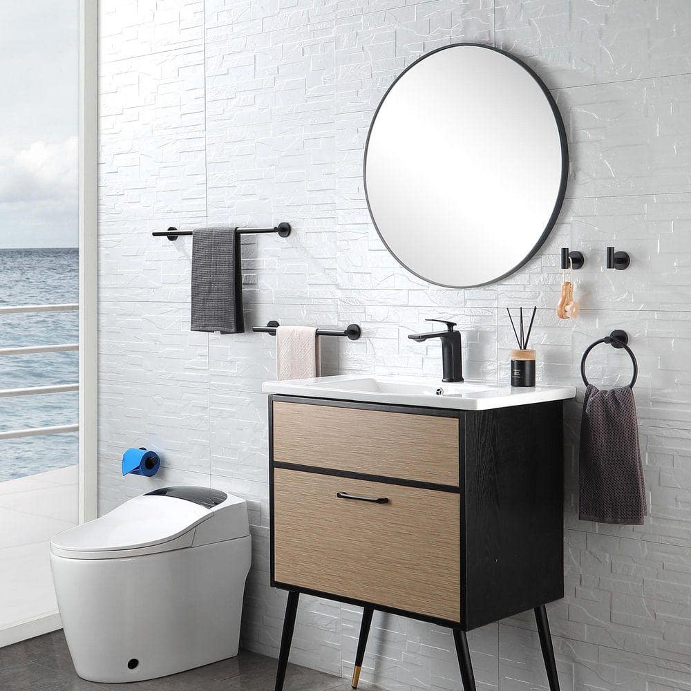 GQB 6-Piece Bath Hardware Set with 23.6 in. Towel Rack, Towel Ring, Towel Hook, Toilet Paper Holder in Matte Black (3)