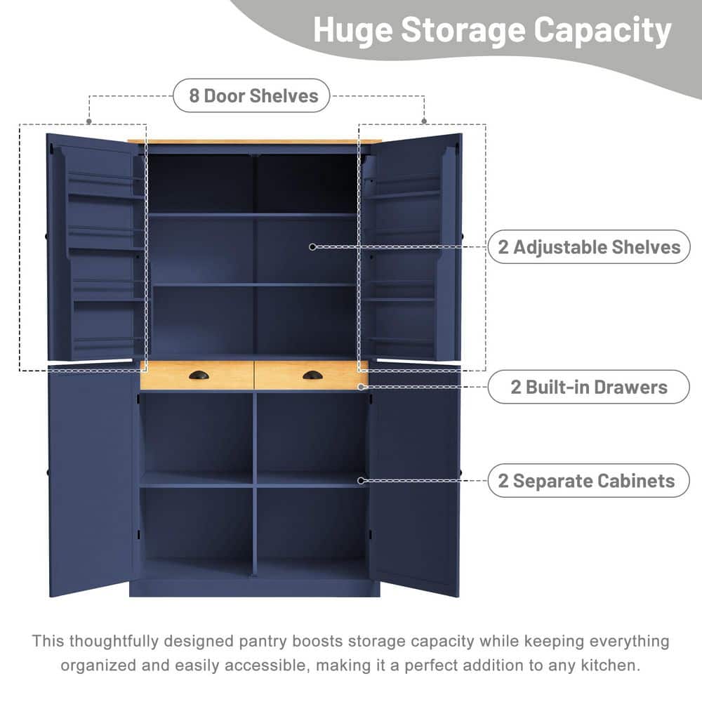 COWLOWN 40 in. W x 20 in. D x 71.3 in. H Blue Linen Cabinet Kitchen Pantry with 2-Drawers, 2-Adjustable Shelves, 8-Door Shelves (3)