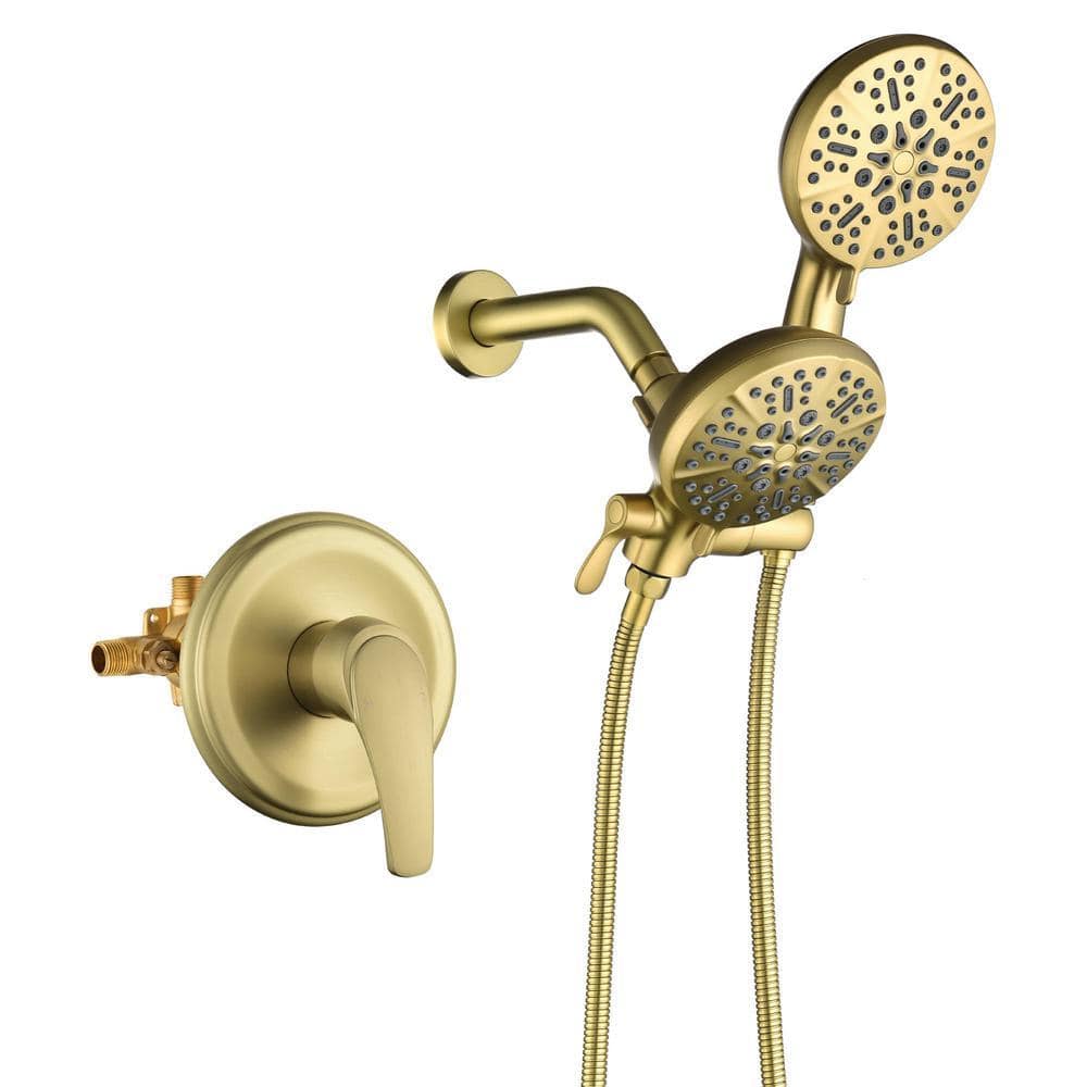 FLG Single-Handle 7-Spray 2 in 1 Shower Faucet with Valve and Dual Shower Head in Brushed Gold (1)