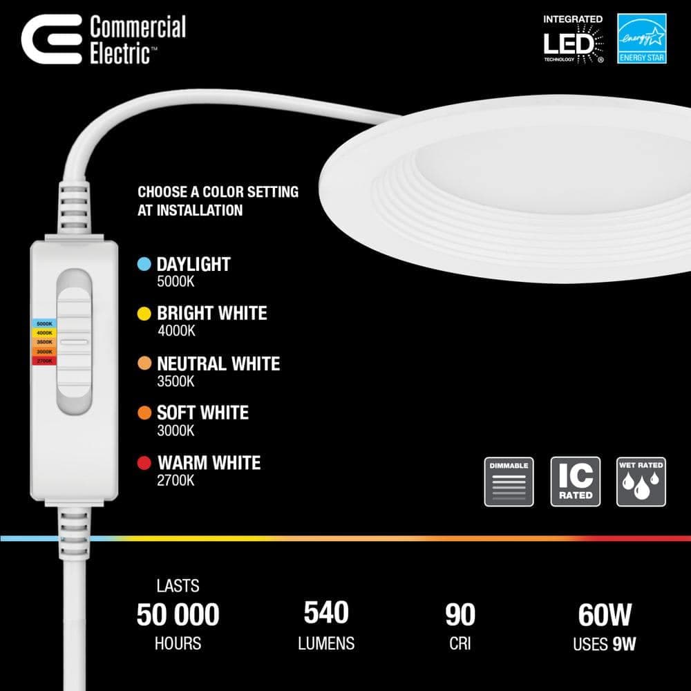 Commercial Electric 4 in. Premium Series Adjustable CCT 2-Level Lumen Select Dimmable Integrated LED Baffle Canless Recessed Light, White (3)