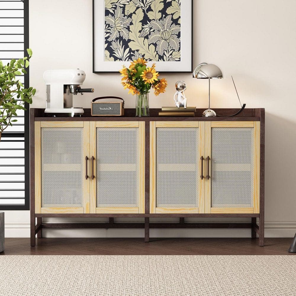 Unbranded Vintage 60 in. W x 16 in. D x 35.8 in. H Brown Linen Cabinet Rustic Sideboard with Decorative Rattan Doors and Shelves