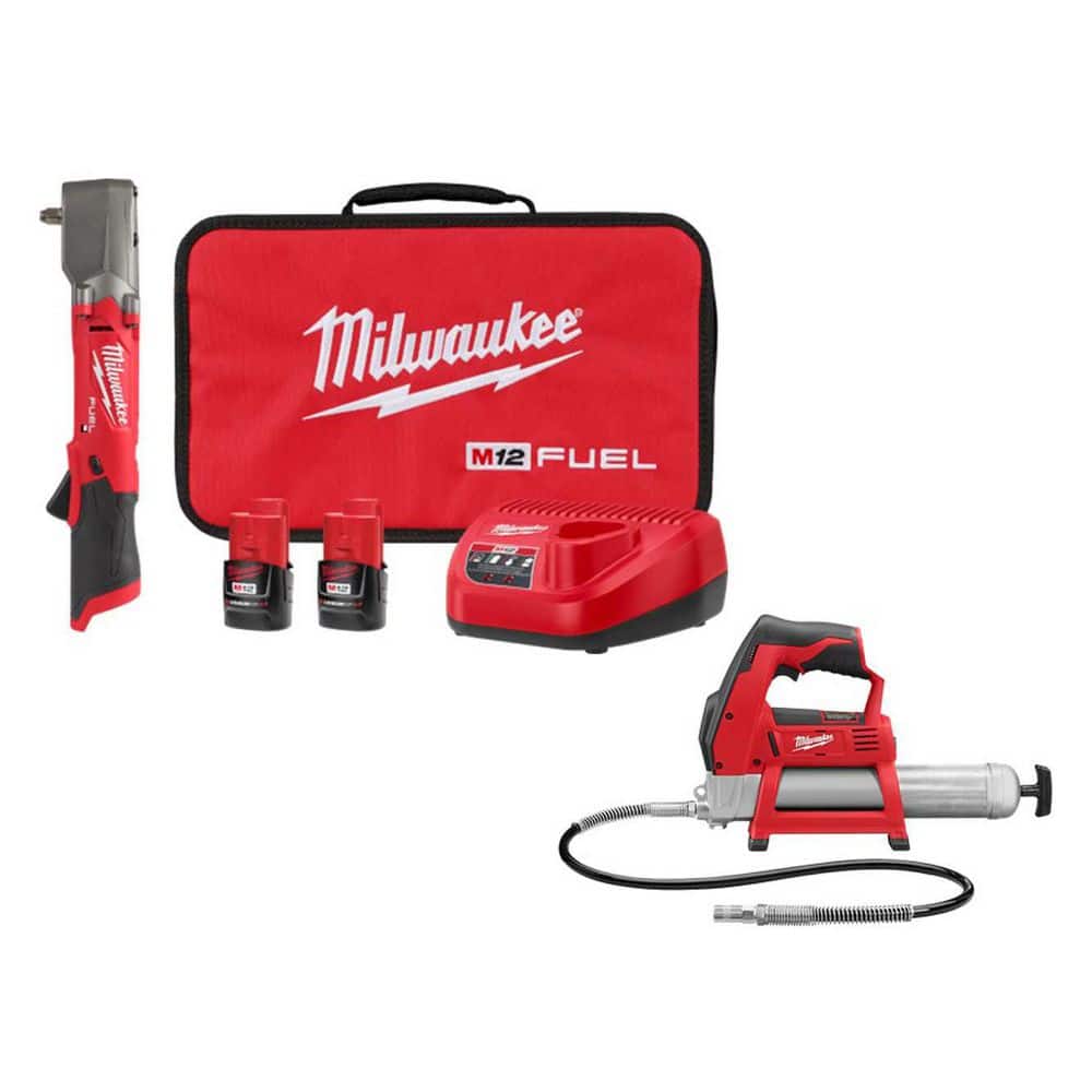 Milwaukee M12 FUEL 12V Lithium-Ion Brushless Cordless 3/8 in. Right Angle Impact Wrench Kit with Grease Gun (1)