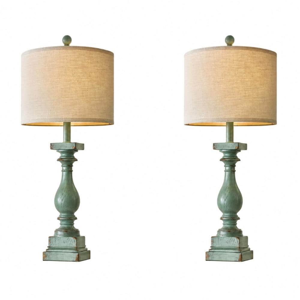 Unbranded 27 in Farmhouse Green Table Lamp Set of 2 with USB AC Charging Ports Rustic Resin Base Linen Shade Bedroom