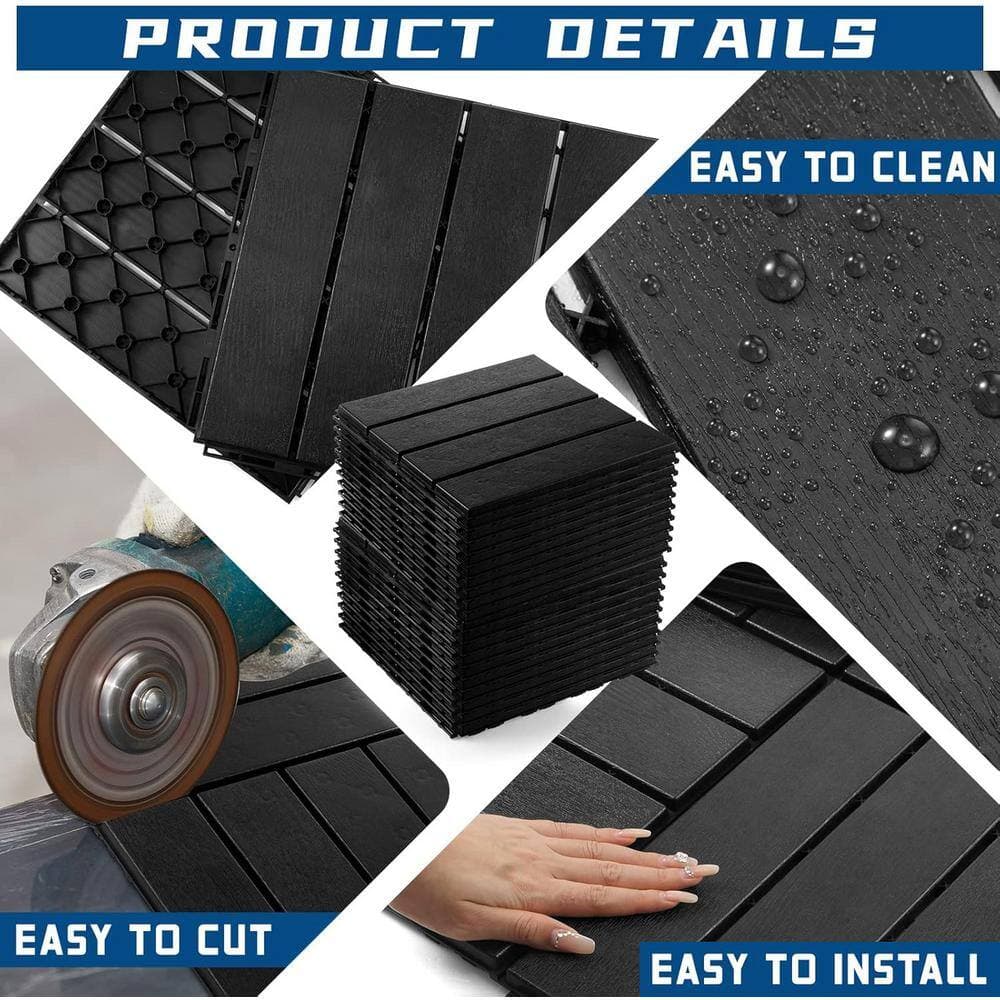 Afoxsos 1 ft. x 1 ft. PVC Interlocking Deck Tiles Waterproof for for Patio, Porch, Poolside and Balcony in Black (48-Pack) (3)