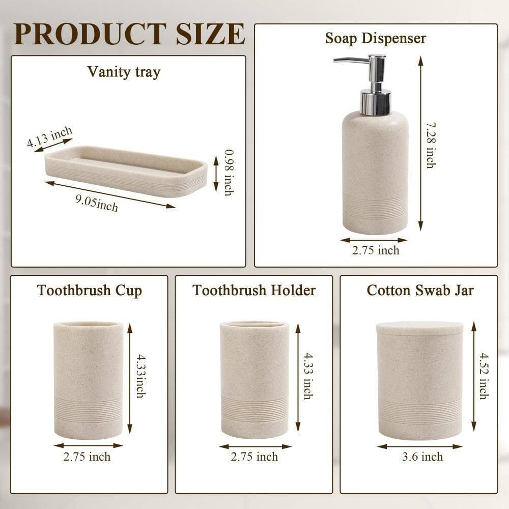 Numhew 6-Piece Bathroom Accessory Set with Soap Dispenser, Vanity Tray, Tumbler, Cotton Swab Jar for Bathroom Organizer, Beige (2)