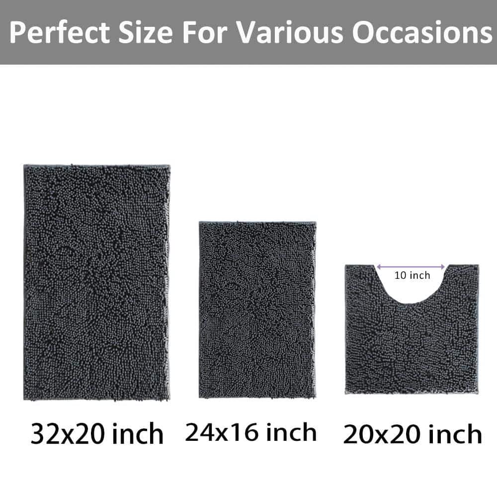 Wudkey 3 Piece Gray Bathroom Rugs Set, 32 in. x 20 in. Non Slip Chenille Bath Mat, Washable Absorbent Bathroom Mats (2)