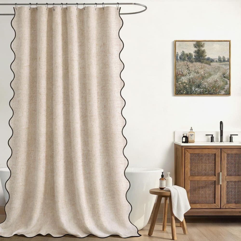 Anqtovp 72 in. W x 72 in. L Linen Blend Shower Curtain in Beige Scalloped Boho Modern Bathroom Set (3)
