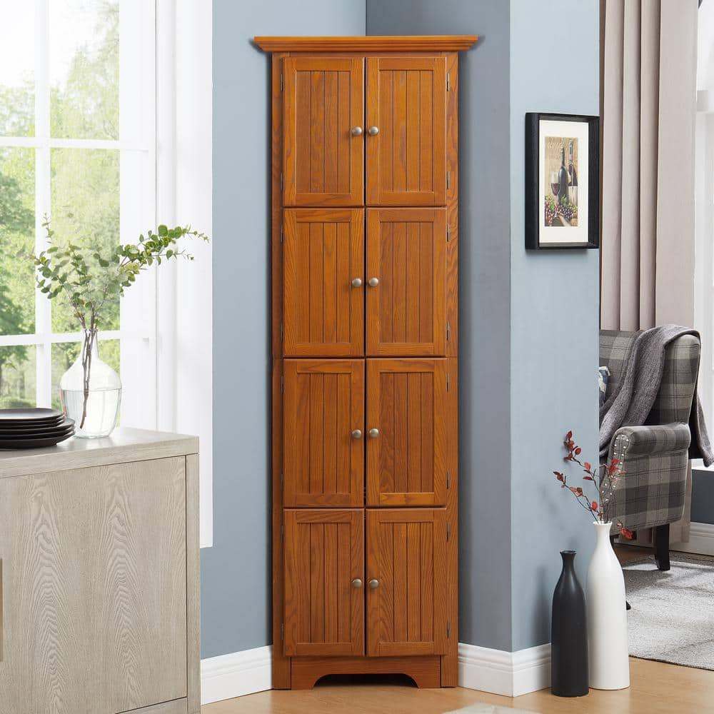 JUJABU 24.6 in. W x 17.3 in. D x 72 in. H 4-Tier Oak Brown Linen Cabinet with Adjustable Shelves and 8 Doors for Bathroom (2)