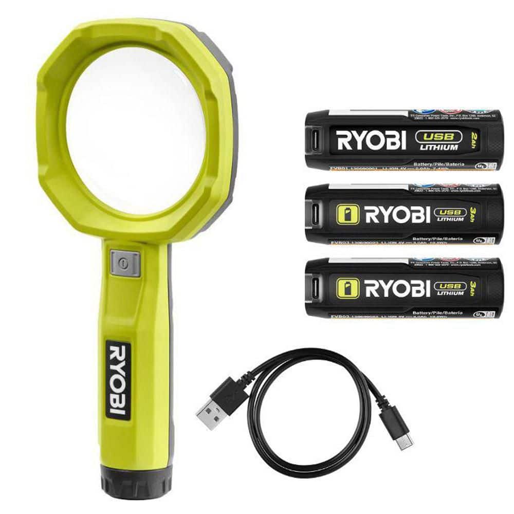 RYOBI USB Lithium 200 Lumens Magnifying Light Kit w/ 2.0 Ah Battery, Charging Cable, & USB Lithium 3.0 Ah Batteries (2-Pack) (1)
