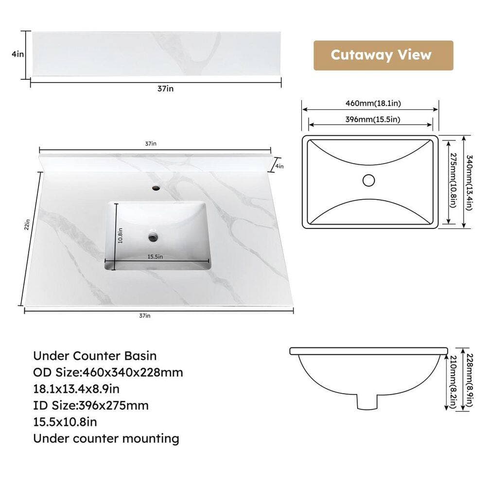 LIVACA 37 in. x 22 in. Drop-In Bathroom Sink in Carrara White Quartz with Undermount Single Bowl, Backsplash & Pre-Drilled (2)