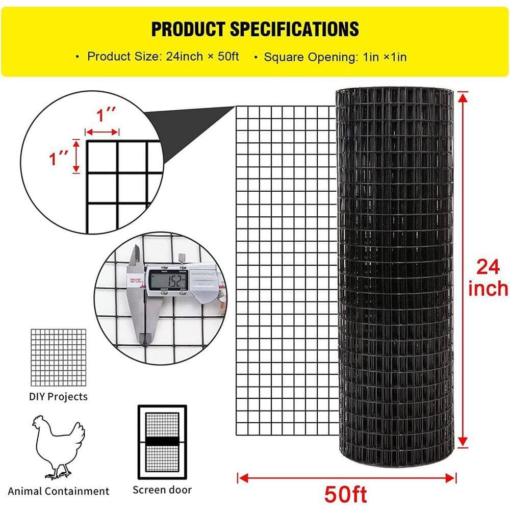 Unbranded 24'' x 50' 1inch Hardware Cloth 16 Gauge Black Vinyl Coated Welded Fence Mesh for Home and Garden Projects (3)