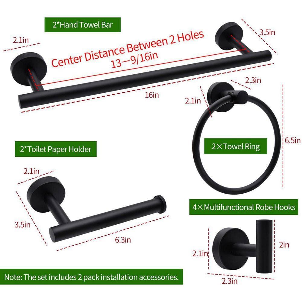 Numhew 10-Piece Bathroom Hardware Set with 2 Towel Bars, 2 Rings, 2 Holders and 4 Hooks in Black Matte (2)