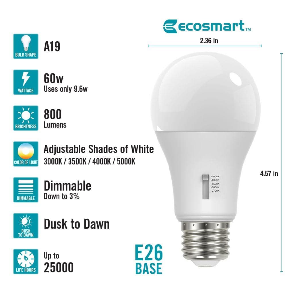 EcoSmart 60-Watt Equivalent A19 E26 Base Dimmable CEC Dusk to Dawn LED Light Bulb with Selectable Color Temperature (1-Pack) (3)