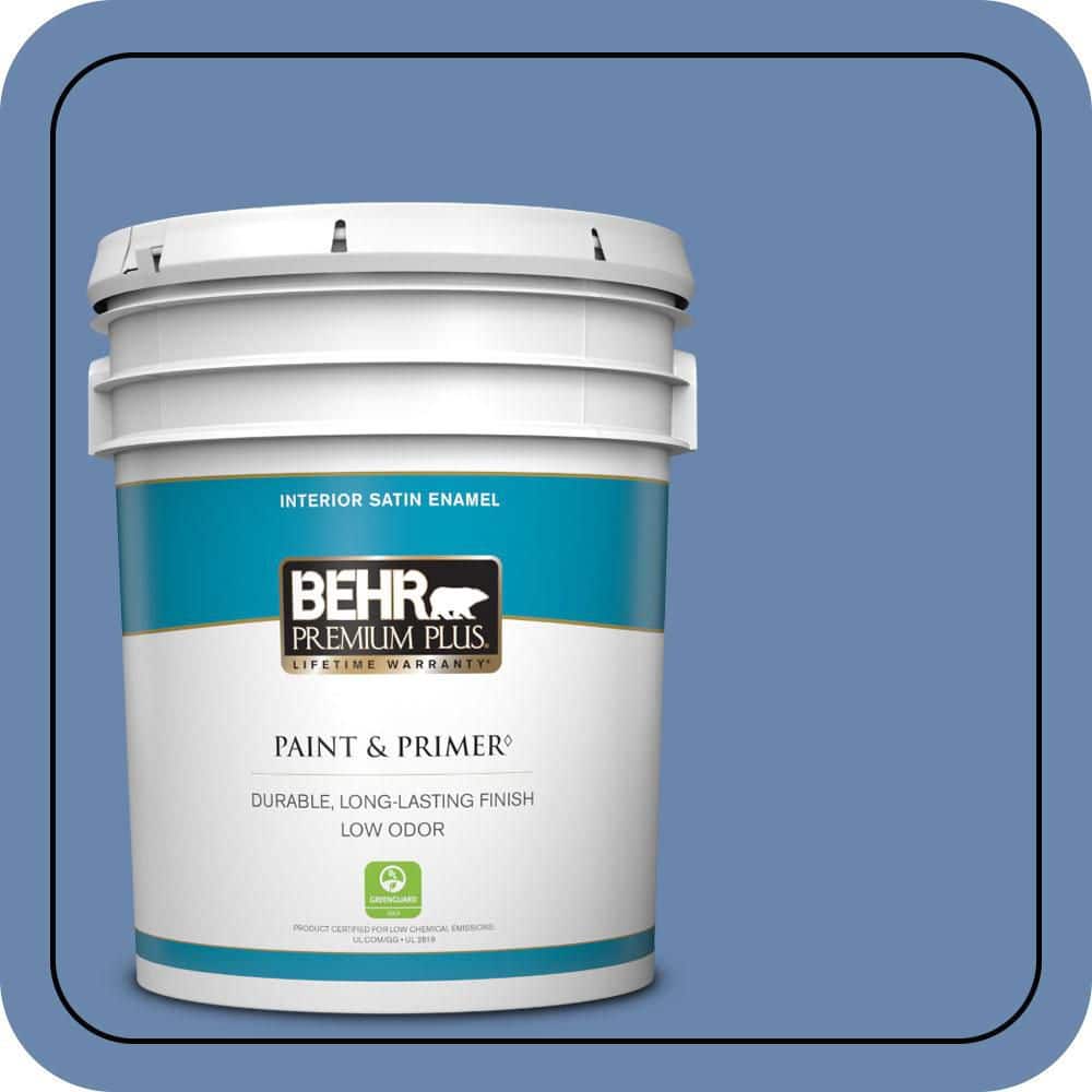 BEHR PREMIUM PLUS 5 gal. #M530-5 Cowgirl Blue Satin Enamel Low Odor Interior Paint & Primer