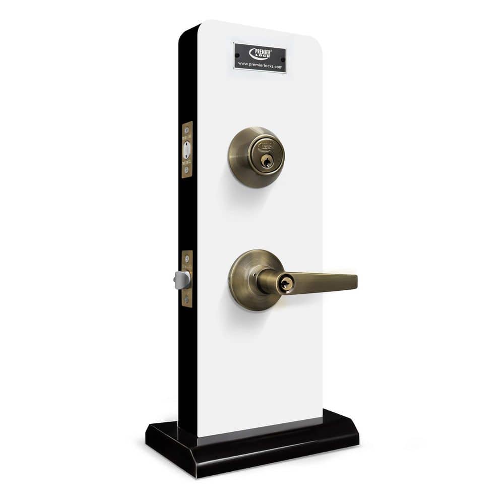 Premier Lock Antique Brass Entry Lock Set Door Lever Handle and Deadbolt Keyed Alike KW1 Keyway. 8 Total Keys, Keyed Alike by Set (3)