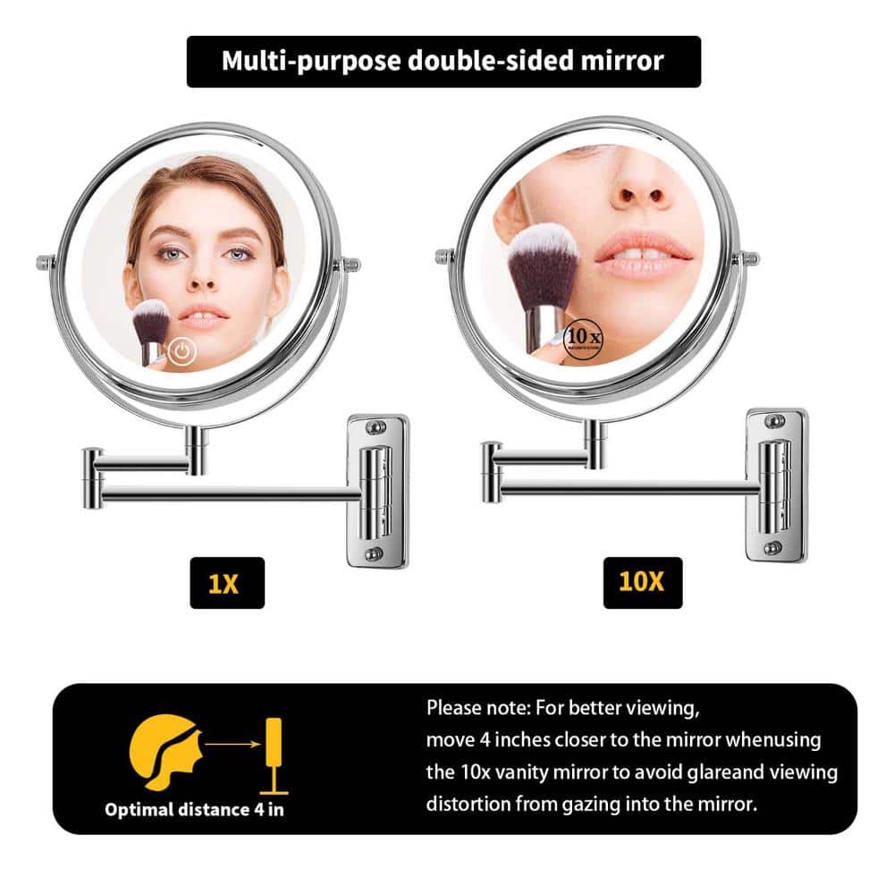INSEEDE VERRA 8 in. Wall Mounted Makeup Mirror with Lights, 1X/10X, 2-Sided Magnification, Rechargeable LED Vanity Mirror,Chrome (3)