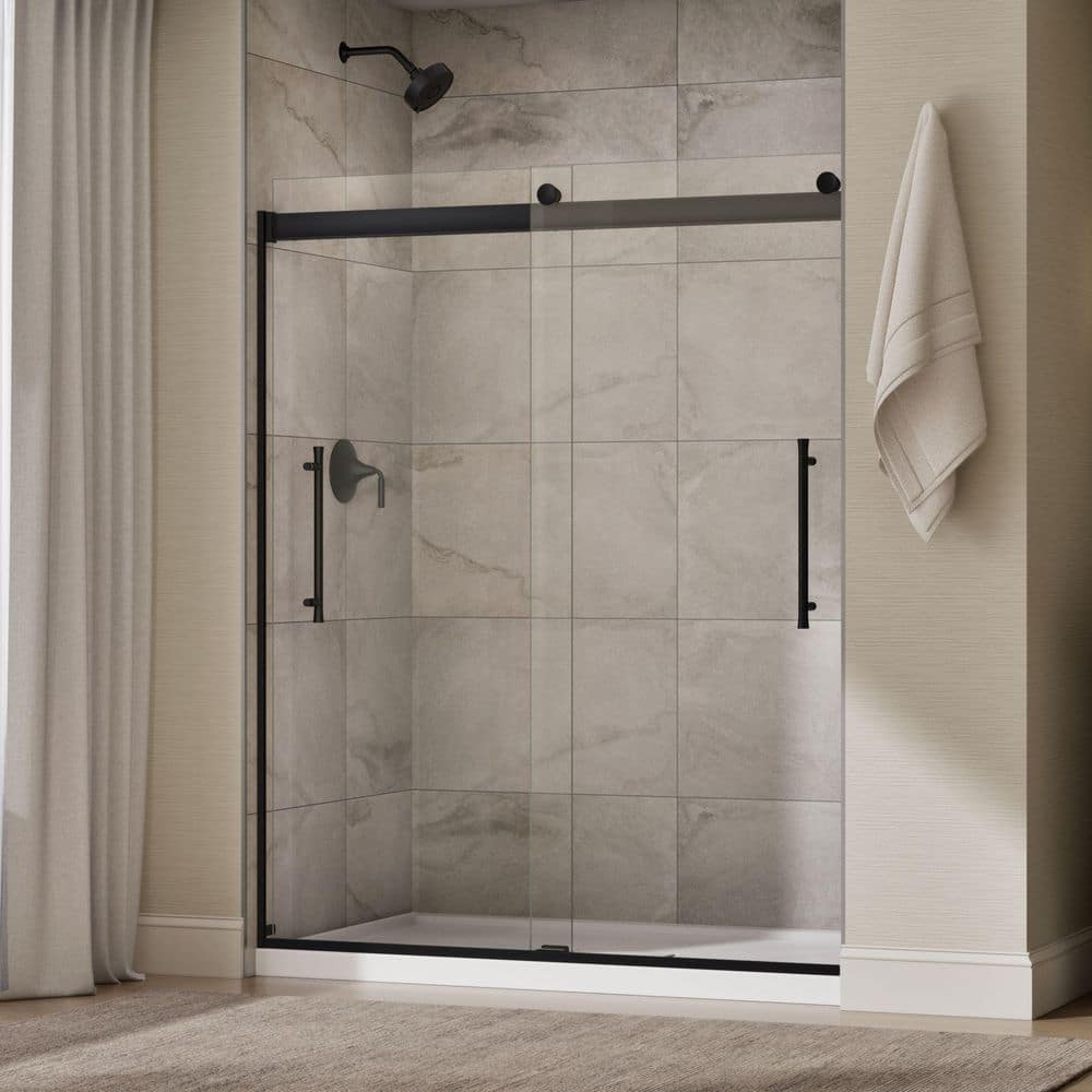 KOHLER Elmbrook 55-60 in. W x 74 in. H Sliding Frameless Shower Door in Matte Black with 5/16 in. Thick Tempered Glass (3)