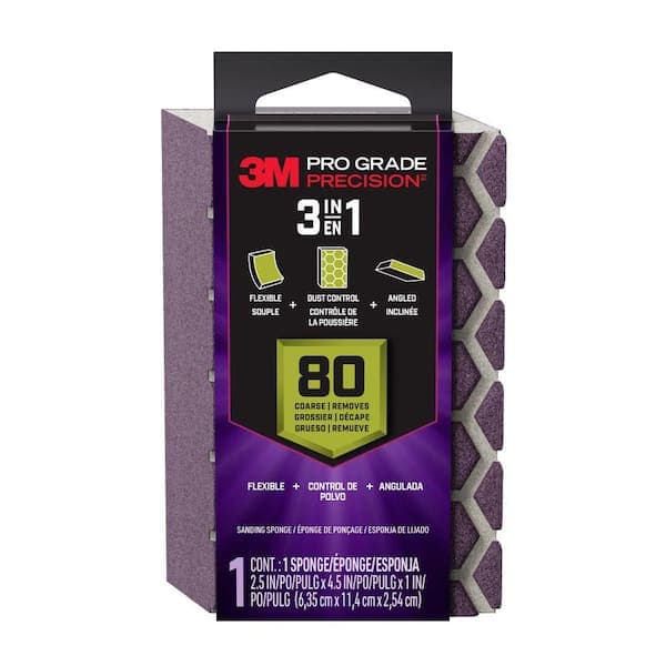 3M Pro Grade Precision 2.5 in x 4.5 in x 1 in, 80 Grit, Coarse, 3-in-1 Sanding Sponge (1-Pack) (2)