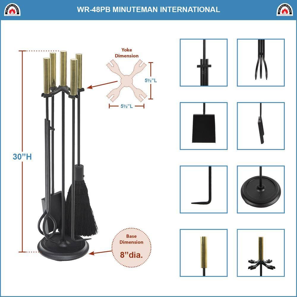 ACHLA DESIGNS 30.25 in. Tall 5-Piece Black and Polished Brass Contemporary Bedford Fireplace Tool Set (2)