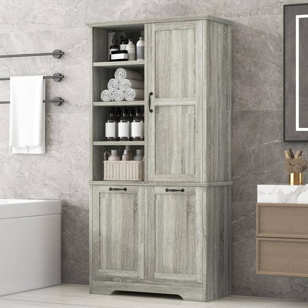 YSQCAR 31 in. W x 14 in. D x 68 in. H Oak MDF Freestanding Linen Cabinet with Doors and Drawers, Tilt-Out Laundry Hamper (2)