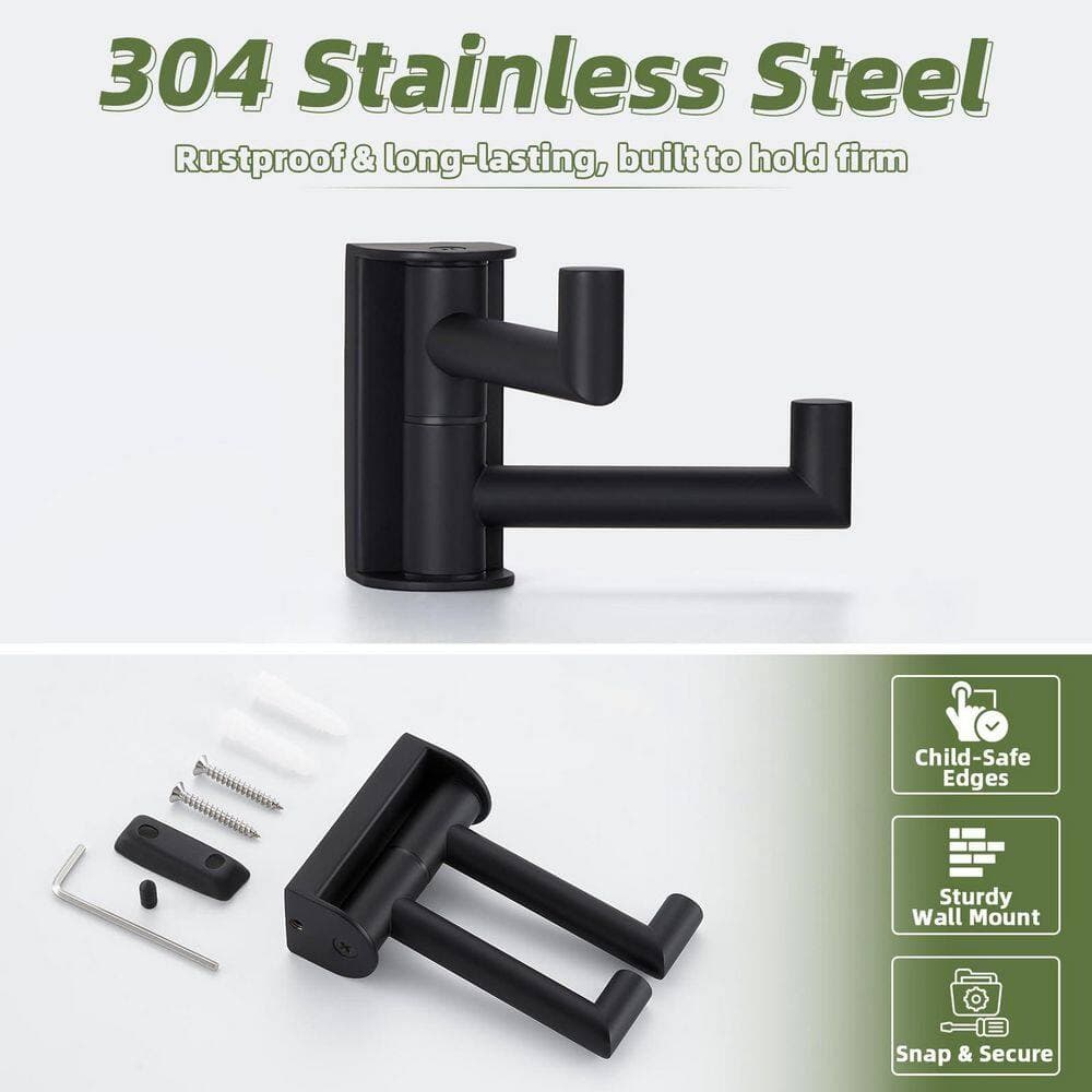 Unbranded J-Hook Hook Type Matte Black 304 Stainless Steel Swivel 2-Arm Folding Wall Drill Towel Robe Hook Hanger for Bathroom (3)